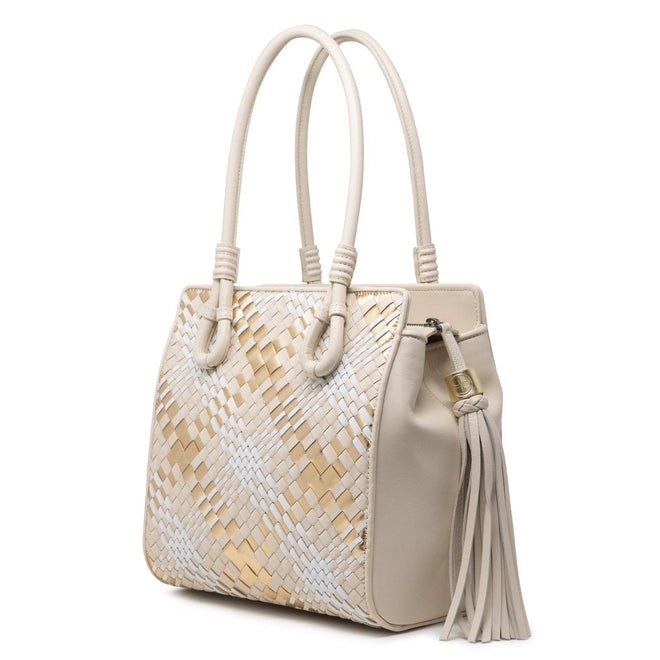Women Top Handle Leather Bag Intreccio Scozzese in Beige, Gold and White - Jennifer Tattanelli