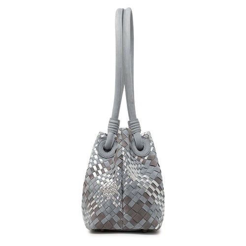 Women Leather Shoulder Bag Intrecciato Scozzese in Pearl grey, Taupe and Silver - Jennifer Tattanelli