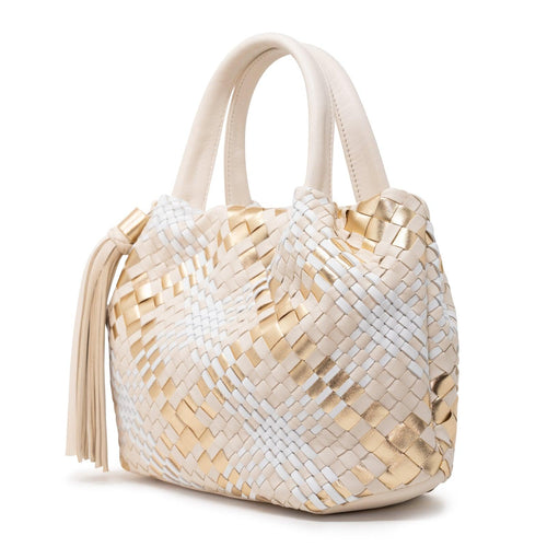 Women's Top Handle Bag With Tassel in Nappa Beige, Gold and White - Jennifer Tattanelli