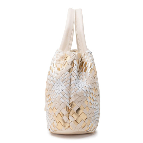 Women's Top Handle Bag With Tassel in Nappa Beige, Gold and White - Jennifer Tattanelli
