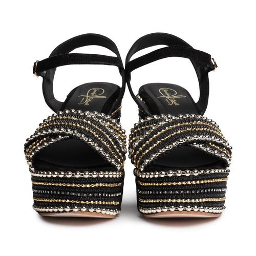 Women's Studded Platform Wedge Sandals in Black Nevia - Jennifer Tattanelli