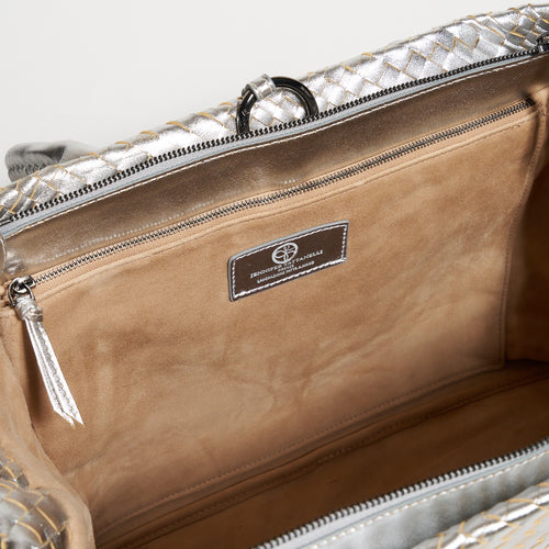 Sophia Maxi Intreccio Optical Zippered Bag in Laminated Leather Argento