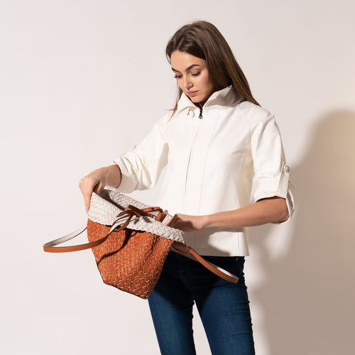 Women Leather Intreccio Optical Medium Bag in Avorio and Cuoio